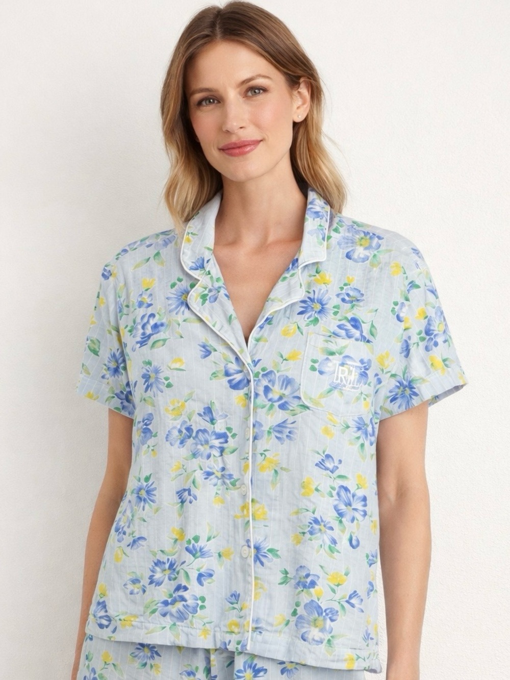 Lauren Ralph Lauren Pajama Top Blue Large LRL Floral Short Sleeve